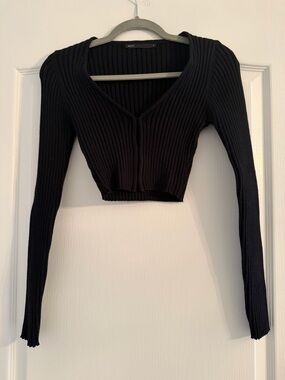 Slim Ribbed Cropped Long-Sleeve Cardigan - Black